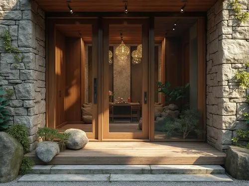 ryokan,entryway,garden door,wooden door,doorway,house entrance,japanese-style room,front door,entryways,the threshold of the house,japanese garden ornament,ryokans,wood gate,stone gate,entranceway,doorways,japanese shrine,japanese zen garden,porch,3d rendering,Photography,General,Realistic