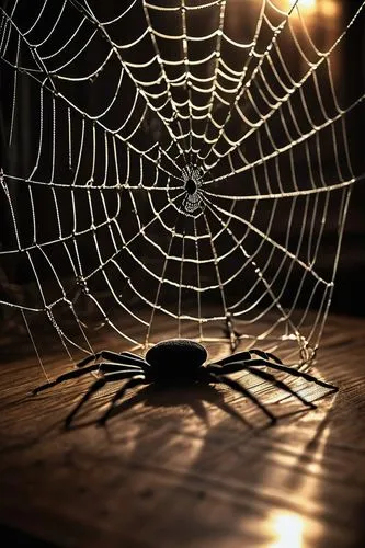 Spider web, Tic Tac Toe board, wooden table, dimly lit room, mysterious atmosphere, spider legs crawling on the board, shiny black eyes watching, intricate web patterns in the background, subtle light