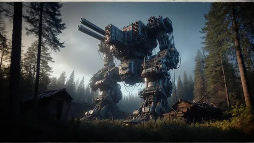 forest, old wooden destroyed buildings,dreadnought,mech,mecha,digital compositing,megatron,game art,transformers,skyrim,sentinel,fallout4,log home,transformer,boreal,firethorn,concept art,decepticon,s