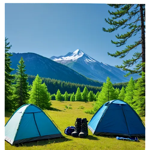 Camping scenery, daytime, sunny weather, blue sky, green trees, mountains in distance, tent in center, camping equipment scattered around, backpacks, sleeping bags, hiking boots, water bottles, sungla