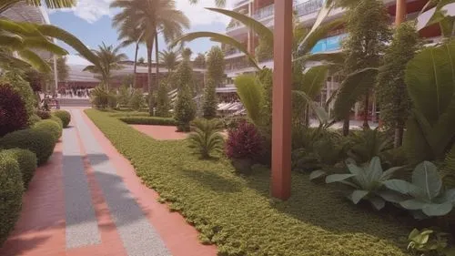 Shoping mall,a large area with some bushes and trees,3d rendering,pedestrianized,palm garden,biopiracy,landscaped,palm forest,Photography,General,Realistic