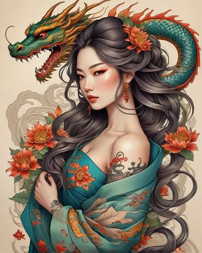 moondragon,oriental princess,sichuanese,oriental painting,oriental girl,qilin,Illustration,Paper based,Paper Based 01