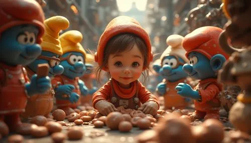 A group of diminutive, industrious Oompa Loompas, smurfettes and Minions in vibrant, colorful attire, expertly crafting an assortment of chocolates and intricate sweets, in a futuristic, sci-fi inspir