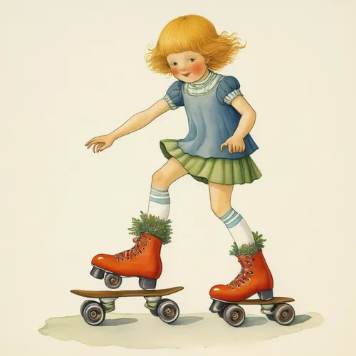 Create a funny cartoon character wearing roller skates,roller skates,quad skates,roller skate,roll skates,rollerblades,inline skates,roller sport,kids illustration,girl with a wheel,roller skating,ska