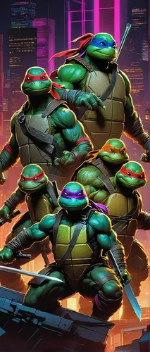 Imagine a futuristic artwork of the Teenage Mutant Ninja Turtles using their hi-tech weapons in a neon-lit dojo.,stacked turtles,trachemys,turtles,teenage mutant ninja turtles,terrapin,scarabs,scarab,