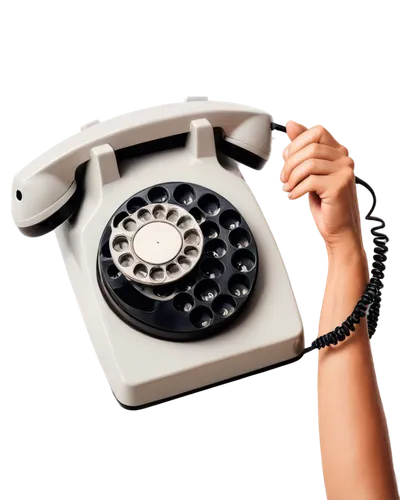 Old fashioned rotary phone, silver metal body, circular dial, black numbers, white background, finger placing on dial, thumb rotating dial clockwise, close-up shot, shallow depth of field, warm lighti