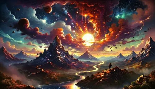 difuse anf confuse mistycal sky ,a painting with clouds and planets on the sky,volcanic,fire background,fire planet,metavolcanic,eruption,volcanic eruption,Illustration,Realistic Fantasy,Realistic Fan