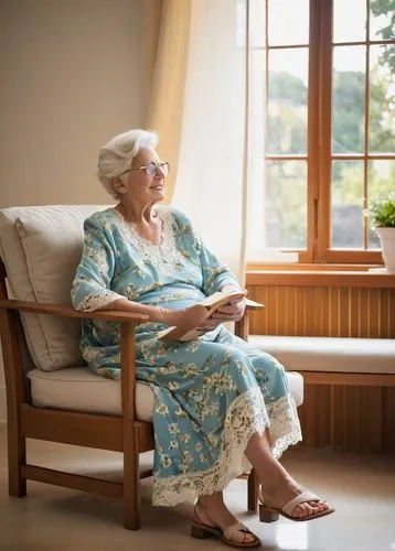 Elderly woman, senior living, interior design, cozy atmosphere, warm beige walls, wooden furniture, soft cushions, gentle wrinkles, reading glasses, silver hair, comfortable slippers, floral patterned