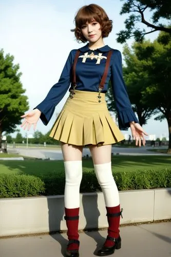 cosplay, idol, standing girl, short curly hair ,bangs, light brown color hair, wearing a dark blue top with a white cross on the chest, a yellow pleated skirt, Accessories include dark red socks reach