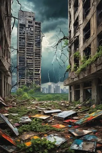 Abandoned skyscraper, dystopian atmosphere, broken windows, shattered concrete, overgrown vines, crumbling walls, twisted metal beams, chaotic urban landscape, apocalyptic mood, dramatic clouds, inten