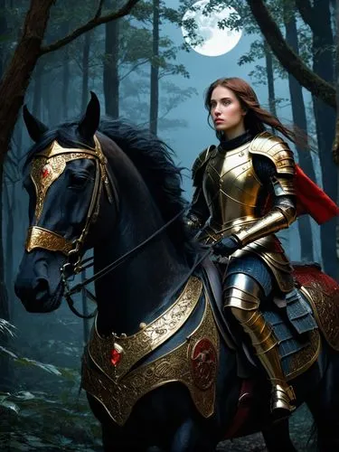 female knight with full old plate armour decorated by gold and red element pattern , blue eyes , Spreading her brown hair and  , on the mysterious black horse , be in the dark forest , full of high an