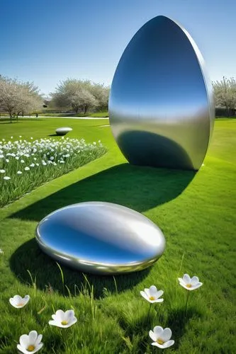 mirror in the meadow,garden sculpture,glass sphere,sculpture park,spheres,balloon flower,cosmos field,steel sculpture,yolk flower,torus,kinetic art,panton,silic,futuristic landscape,meadmore,flower art,grass golf ball,blue spheres,art forms in nature,halderman,Illustration,Vector,Vector 20