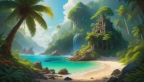 tropical island,tropical beach,tropical sea,an island far away landscape,tropical jungle,underwater oasis,palmtrees,beach landscape,ocean paradise,tropical tree,landscape background,mountain beach,fantasy landscape,tropics,oasis,coastal landscape,sub-tropical,palm trees,island,idyllic,Conceptual Art,Fantasy,Fantasy 15