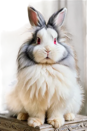 Angora rabbit, Turkish breed, grey and white fur, fluffy texture, cute eyes, pink nose, floppy ears, sitting posture, soft focus, warm lighting, shallow depth of field, 3/4 composition.,dwarf rabbit,a