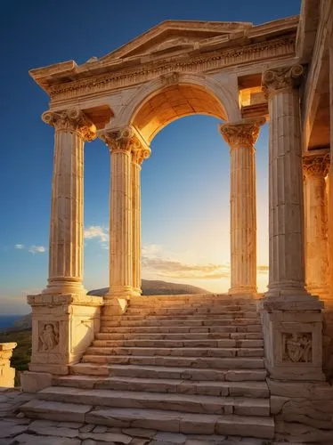 Ancient Greek architecture, grand arch, white marble, intricate carvings, ornate details, columns, pediment, stairs, temple, ruins, sunset, warm golden light, atmospheric perspective, dramatic composi