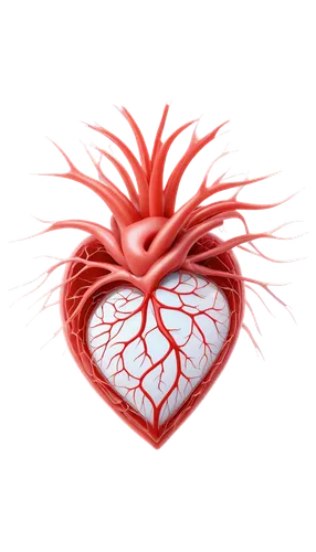 Diagram of fish heart, anatomical illustration, detailed structure, ventral view, atrium, ventricle, bulbus arteriosus, sinus venosus, cardiac muscle tissue, blood vessels, valves, transparent backgro