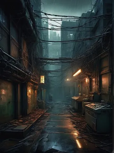 alleyway,alley,blind alley,rescue alley,slums,penumbra,slum,kowloon city,old linden alley,cold room,lostplace,concept art,narrow street,backgrounds,lost place,black city,ghost town,cyberpunk,game art,croft,Illustration,Realistic Fantasy,Realistic Fantasy 35