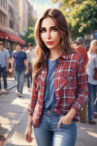 A water-color painting features a woman wearing a red check shirt and blue jeans, standing on a sidewalk. Outdoor setting. She is the main focus of the scene.  The overall atmosphere of the image is l