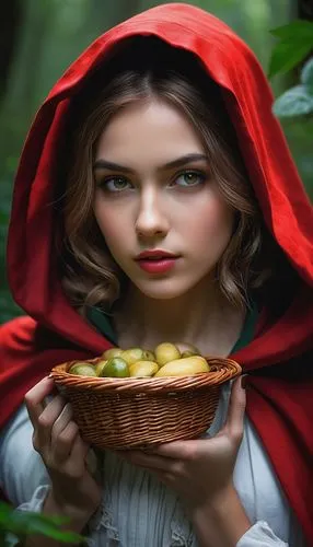 red riding hood,little red riding hood,woman eating apple,mabon,basket of apples,druidry,Conceptual Art,Fantasy,Fantasy 11