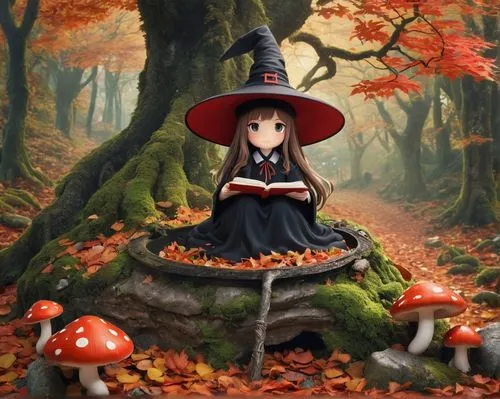 autumn background,witch's hat,witch hat,halloween witch,autumn theme,autumn forest,mushroom landscape,akko,witch's hat icon,autumn scenery,witches boletus,witch broom,autumn cupcake,forest mushroom,witch,autumn in japan,autumn idyll,witches' hats,autumn camper,toadstools,Illustration,Japanese style,Japanese Style 04