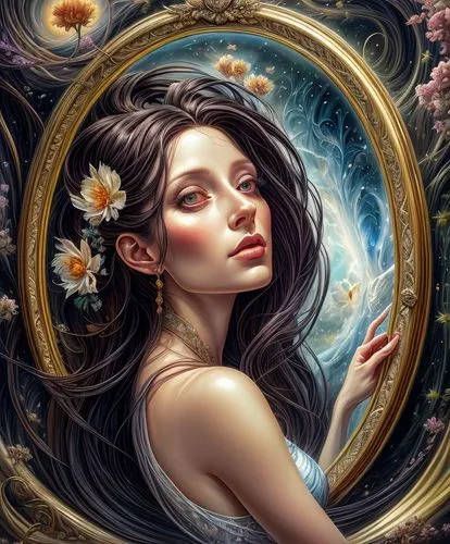 mystical portrait of a girl,fantasy portrait,fantasy art,mirror of souls,romantic portrait,jasmine blossom,mirror in the meadow,girl in a wreath,girl in flowers,faery,boho art,wreath of flowers,floral