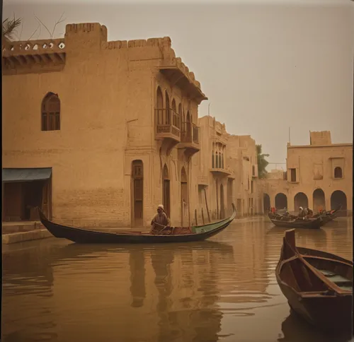 Historic buildings facing canel. Traditional small boats sailing in canel. Arab passengers. Many dairy pulms on the both side of canel. Basra style architectur. Shanashil.,qasr al watan,dubai creek,ma