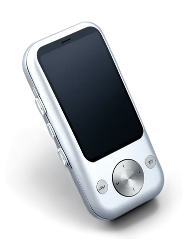 Simple MP3s, electronic device, portable music player, compact design, silver body, rounded edges, click wheel, LCD screen, earbuds attached, soft lighting, shallow depth of field, 3/4 composition, wa