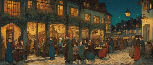 the pied piper of hamelin,carolers,carol singers,medieval market,hamelin,medieval street,candlemas,night scene,winter festival,christmas market,the occasion of christmas,bethlehem,the holiday of lights,procession,christmas scene,street scene,the cobbled streets,ancient parade,christmas carol,pilgrims,Illustration,Retro,Retro 17