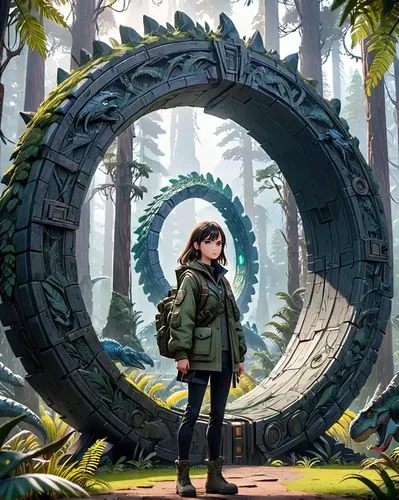 girl in a wreath,world digital painting,stargate,cg artwork,sci fiction illustration,little planet,game art,girl with a wheel,game illustration,digital illustration,semi circle arch,scythe,spiral background,biologist,circular puzzle,green wreath,camera illustration,digital nomads,circle,concept art,Anime,Anime,General