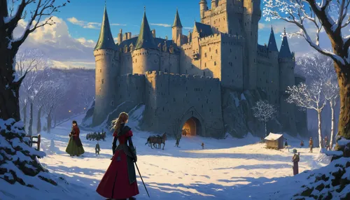 hogwarts,the snow queen,fairy tale castle,castles,castle of the corvin,fairy tale,a fairy tale,hamelin,fantasy picture,snow scene,fairytale castle,fairy tales,winter magic,knight's castle,red coat,medieval,medieval castle,snow house,castle,medieval town,Illustration,Realistic Fantasy,Realistic Fantasy 22