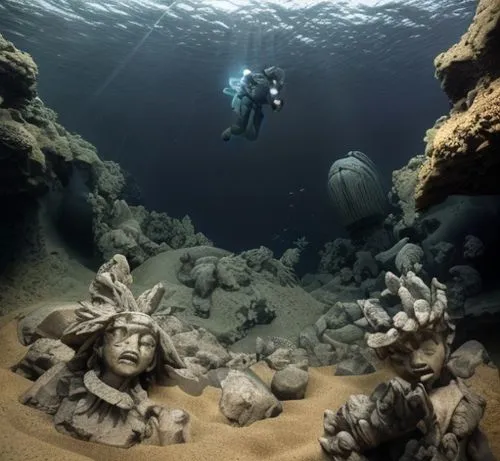 Stone human statues at the bottom of the sea, sand soil, dark blue background with overhead light, detail.,underwater diving,sea cave,underwater landscape,ocean floor,sunken church,ocean underwater,co