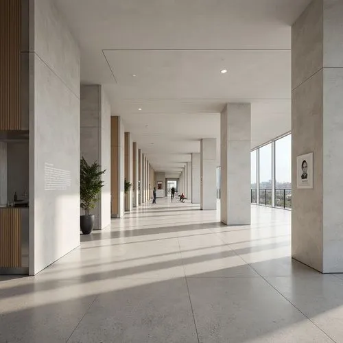 hallway space,foyer,hallway,penthouses,corridor,lobby,daylighting,modern office,corridors,entrance hall,concrete ceiling,pedway,champalimaud,3d rendering,breezeway,hallways,interior modern design,exposed concrete,chipperfield,office buildings