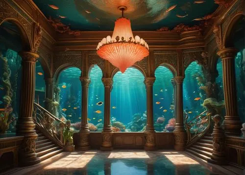 Underwater kingdom, majestic mermaid palace, intricate coral reef structure, shimmering iridescent scales, flowing seaweed-inspired architecture, grand entrance with seashell gates, winding staircase 