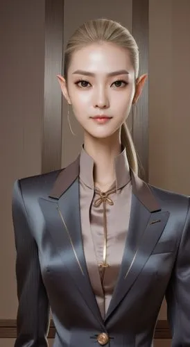 elf woman face model, suit,, angular cheekbones,  Strong and angular mandibule, smile, tall blonde elf  female, long neck  , suit, pointy ears, 3 meters tall, very tall, black hair,concept of asian el