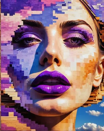 wood carven fibonaci spiral sunset  in the clouds,, pixelated image,  Transform pixelated videos into high-definition footage. violet lips 
,pop art effect,pop art style,overlaid,pixelated,pop art col