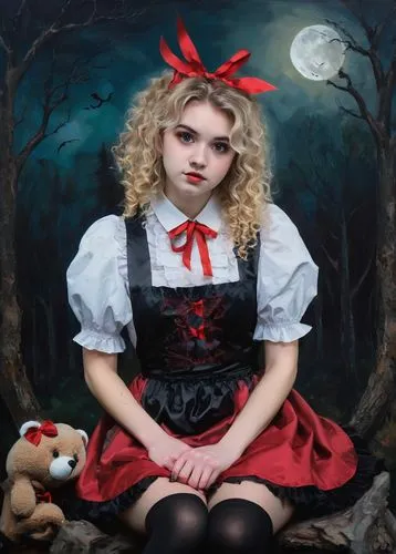 little red riding hood,red riding hood,female doll,gothic portrait,fraulein,storybook character,raggedy ann,doll dress,fairy tale character,gretel,painter doll,dorothy,orona,rasputina,kalinka,queen of hearts,marionette,veruca,artist doll,anabelle,Conceptual Art,Oil color,Oil Color 20