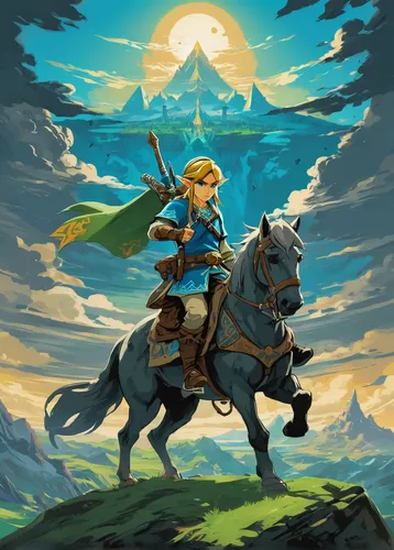 link,rupees,the spirit of the mountains,golden sun,horseback,adventurer,sun moon,lone warrior,mountain spirit,the wanderer,game illustration,would a background,game art,scroll wallpaper,sun and moon,games of light,bronze horseman,kingdom,king sword,alpha horse,Conceptual Art,Fantasy,Fantasy 08