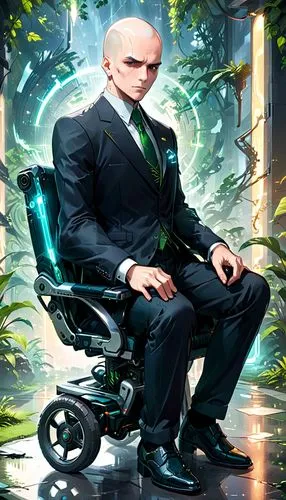 A dignified, intelligent figure seated in a sleek, futuristic wheelchair. He wears a classic dark suit with a tie, exuding an aura of wisdom and authority. His bald head and calm, piercing gaze reflec