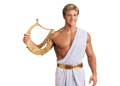 Apollo image, solo male, muscular, athletic build, short golden hair, strong facial features, bright blue eyes, gentle smile, white toga, laurel wreath on head, holding lyre, standing, Greek mythology