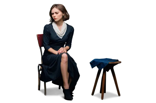 Grieving woman, solo, tears streaming down face, messy brown hair, red eyes, pale skin, black dress, wrinkled hands, clutching white handkerchief, slumped posture, sitting on a chair, dim lighting, sh