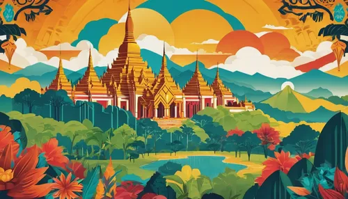 travel poster,laos,chiang rai,chiang mai,myanmar,basil's cathedral,cambodia,phra nakhon si ayutthaya,temples,burma,bagan,mekong,ayutthaya,southeast asia,saint basil's cathedral,phayao,thai,thai temple,thailand,bangkok,Illustration,Vector,Vector 16