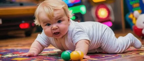 Baby, diaper, crawling, chubby legs, soft skin, adorable facial expression, curious eyes, blonde hair, few baby teeth, white onesie, colorful toys scattered around, playmat, wooden floor, warm sunligh