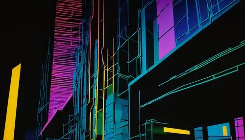 colorful facade,flavin,colored lights,multi storey car park,light paint,colorful city,neon light,hypermodern,cybercity,electroluminescent,cmyk,technicolour,neon arrows,abstract retro,mainframes,skyways,colorful light,parkade,apartment block,casgrain,Art,Artistic Painting,Artistic Painting 51