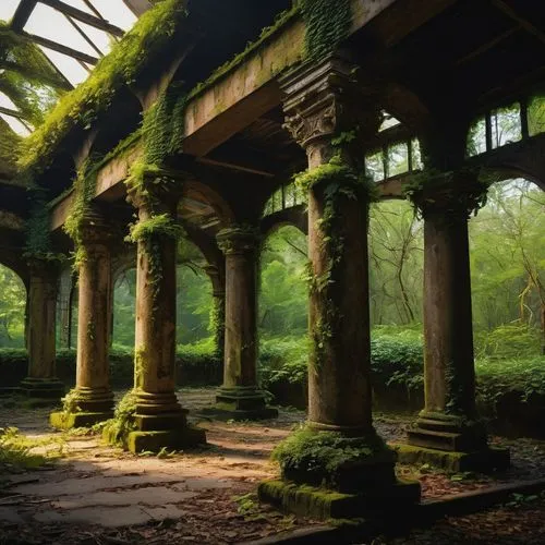 abandoned train station,matthiessen,abandoned places,yavin,abandoned place,ruins,pillars,colonnades,forest chapel,ancient ruins,lost place,moss landscape,tiergarten,ruinas,springhouse,lost places,colonnade,columns,the ruins of the,ruin,Conceptual Art,Sci-Fi,Sci-Fi 12