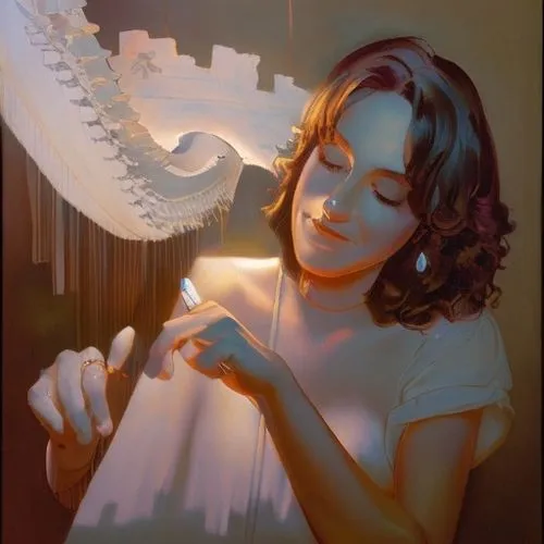 Beautiful romantic painting by Frank Frazetta, volumetric lighting,angel playing the harp,harpist,woman playing,harp player,romantic portrait,lighted candle,woman holding pie,accordion player,girl wit