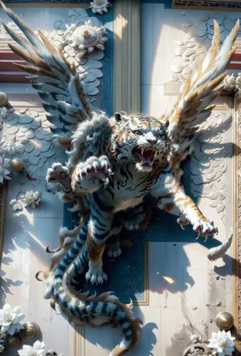 Ancient Chinese mythical tiger,Ultra-realistic,,a tiger is holding onto the back of a building,jaggi,fractalius,kukulkan,amano,garuda,ghidorah,Anime,Anime,General