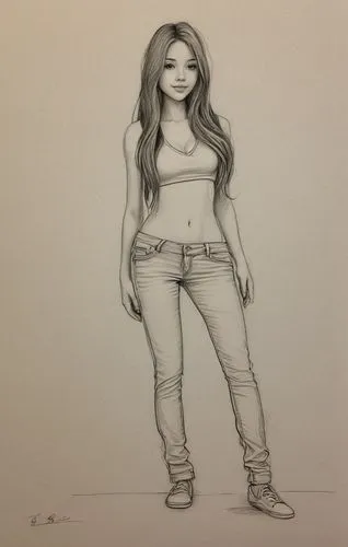 1girl, full body, solo, long hair, line art, ,pencil drawing,lotus art drawing,girl drawing,graphite,proportions,charcoal drawing,pencil drawings,charcoal pencil,pencil and paper,jeans,fashion sketch,