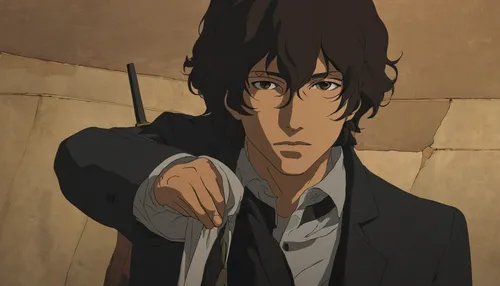 Create a suspenseful scene with Dazai Osamu investigating a series of murders that seem to be linked to his own past.,lupin,sherlock holmes,shouta,joseph,sherlock,detective,swordsman,violet evergarden