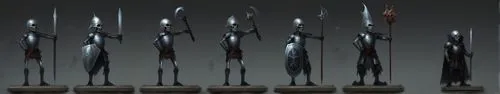 Miniature of fantasy darkness warrior soldier and Dark knight ,several metal statues with long arms, standing behind them,halberds,polearms,tridents,inward arrows,tribal arrows,decorative arrows,scept