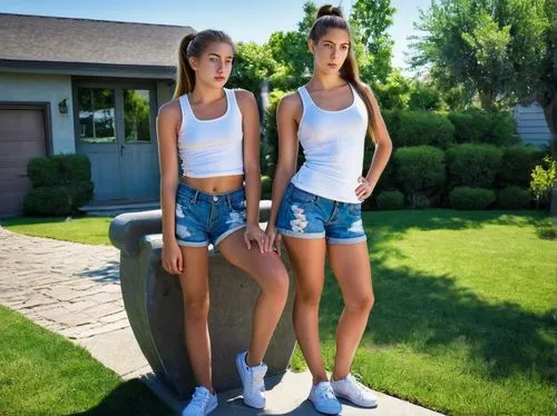 cutoffs,two girls,jean shorts,twinset,jortzig,gymnasts,bermudas,summer clothing,rollerskates,rollerbladers,suburbans,miniskirts,saylor,supertwins,suburbanites,twinkies,cargos,girl and boy outdoor,rollerblades,shorts,Art,Classical Oil Painting,Classical Oil Painting 43